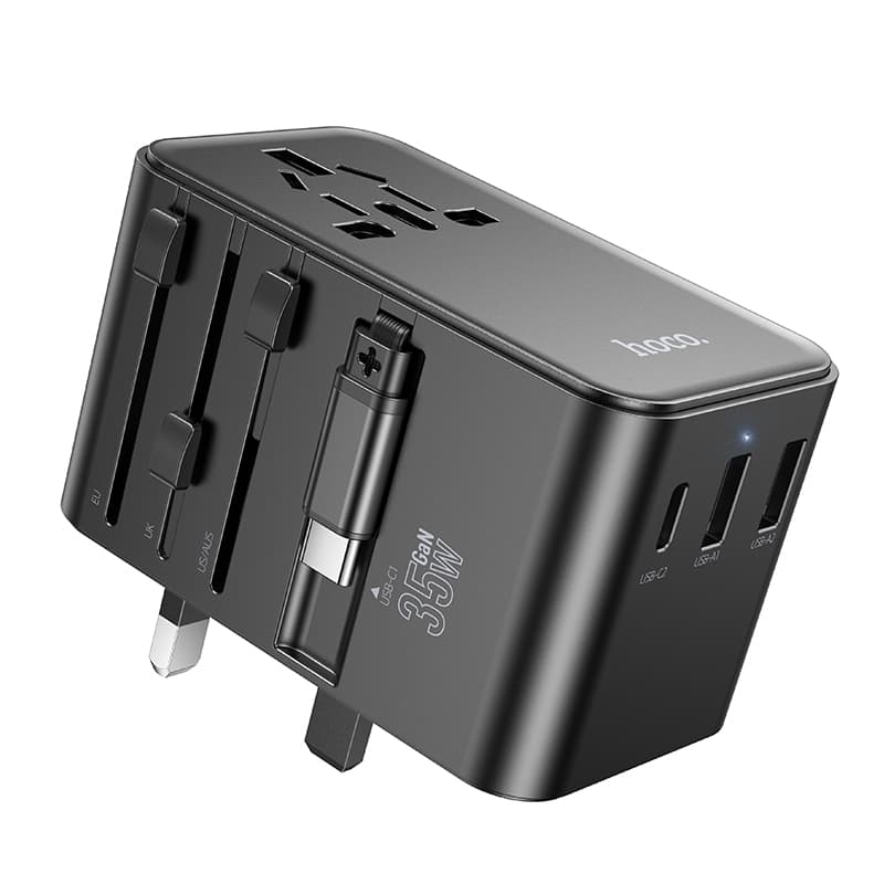 фото Универсальное зарядное устройство адаптер Hoco AC18 Supporter PD35W EU/US/AUS/UK 3 порта / Type-C USB-C+2USB 8A с выдвижным кабелем Type-C USB черный