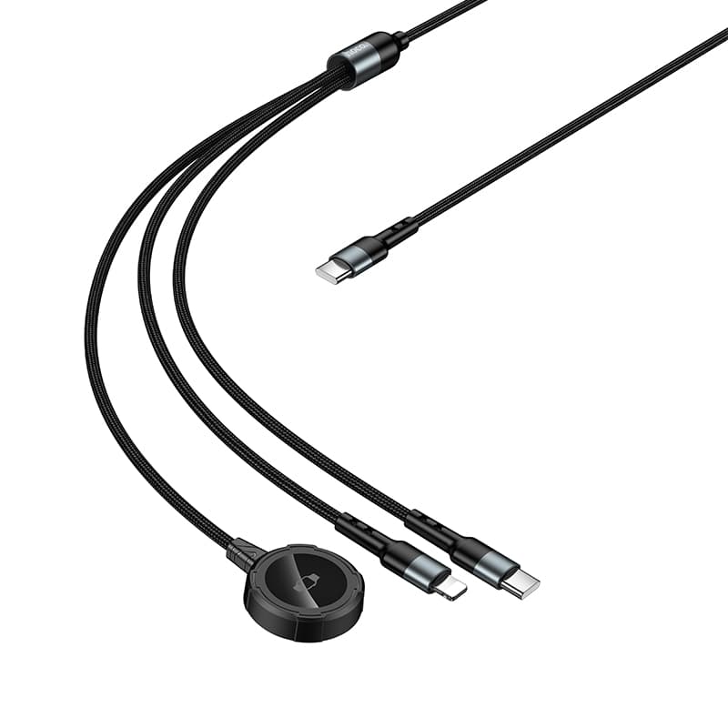 Кабель для зарядки 3 в 1 Lightning 2.4A/Type-C 2A/iWatch 2.5W HOCO CW64 1.2м в тканевой оплетке черный