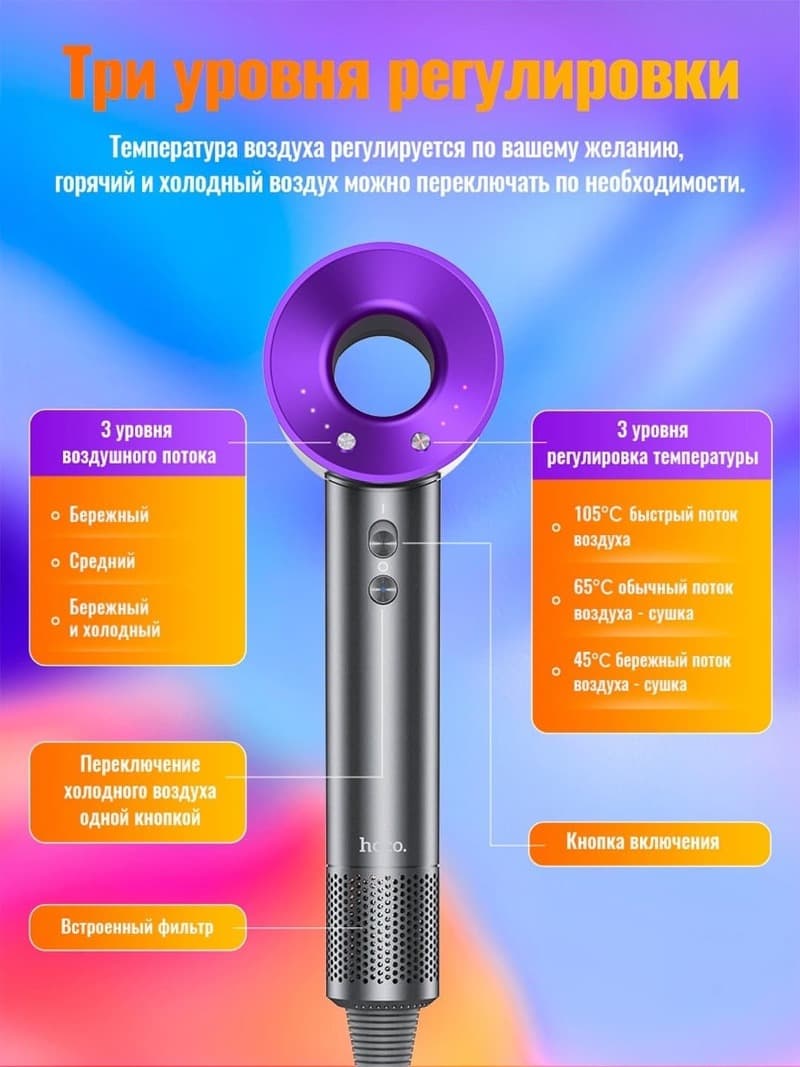 Фен для волос Hoco HP11 с отрицательными ионами фиолетовый