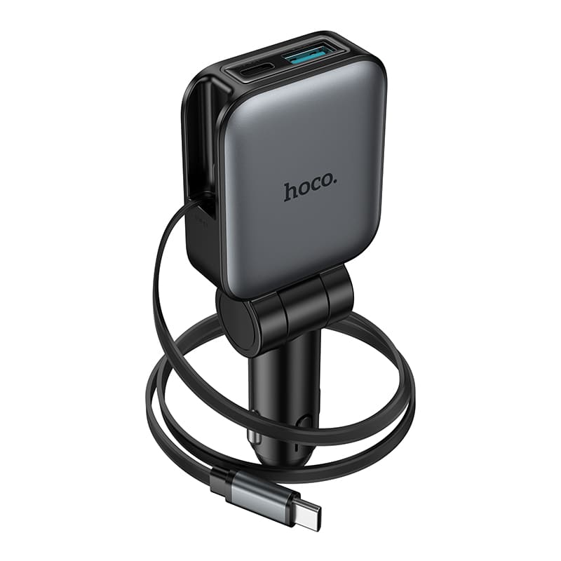 фото Автомобильное зарядное устройство + выдвижной кабель Type-C HOCO Z67 60W PD 45W+QC3.0 75см серый металл