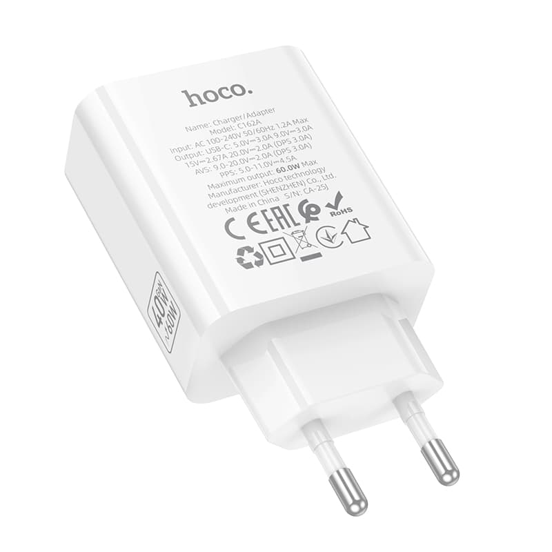фото Сетевое зарядное устройство Адаптер Блок питания HOCO C162A PD 40W до 60W Type-C USB-C белое