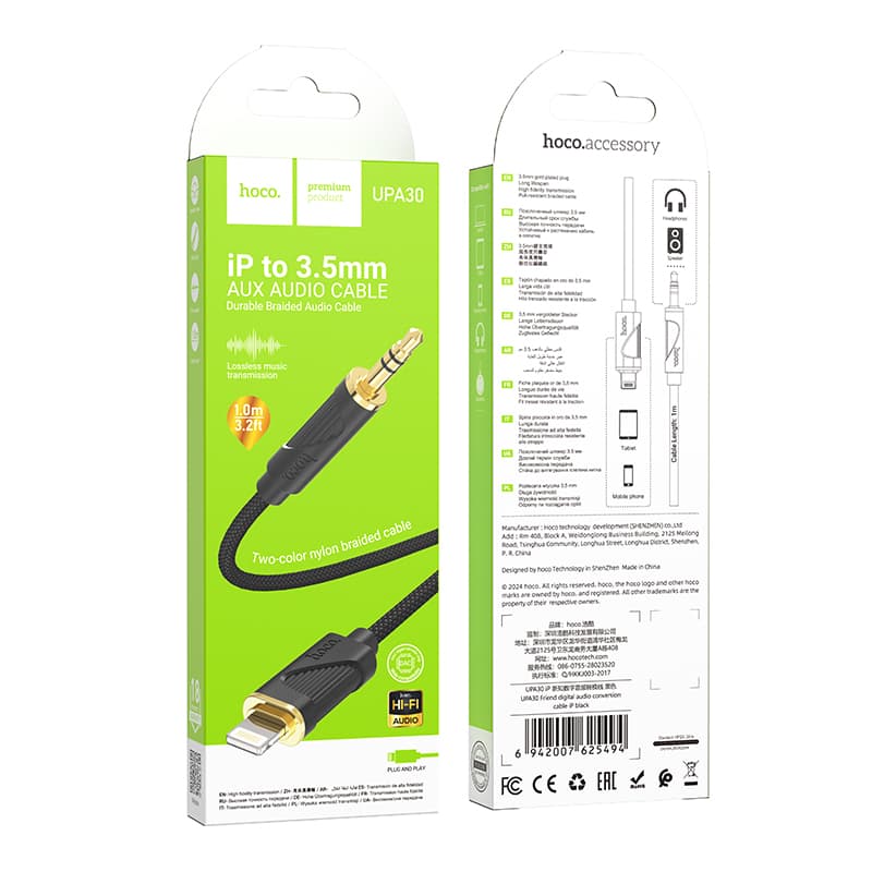 Кабель Aux Jack 3.5 - Lightning 8 pin HOCO UPA30 1м плетеный черный Кабель Aux Jack 3.5 - Lightning 8 pin HOCO UPA30 1м плетеный черный