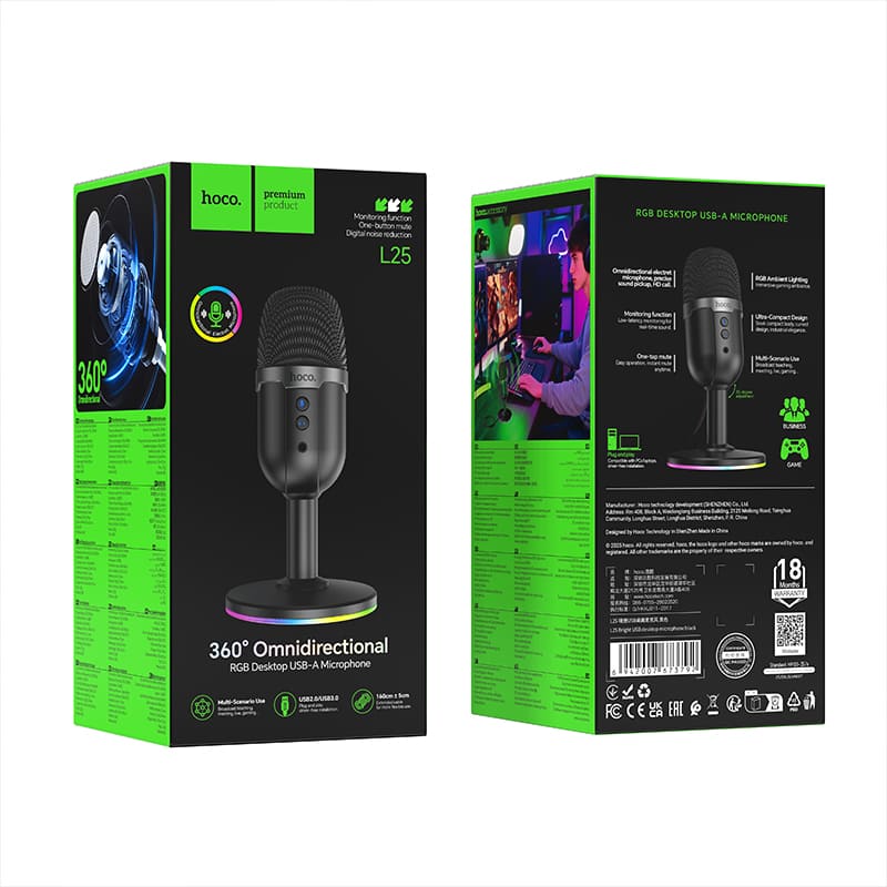 Микрофон компьютерный настольный Игровой стрим HOCO L25 USB 2.0/3.0 RGB подсветка кабель 1.6 м черный