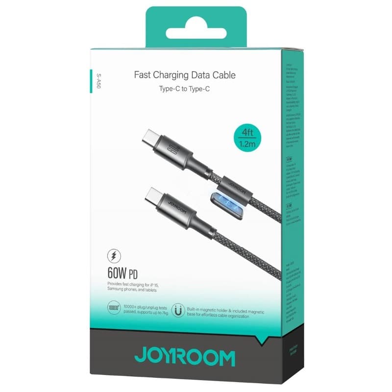 Кабель для зарядки Type-C to Type-C Joyroom S-A50 1.2м PD 60W с магнитным самоклеющимся держателем в оплетке темно-серый