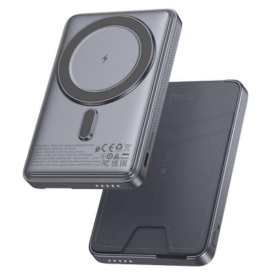 Внешний аккумулятор повербанк Power bank HOCO Q46 5000mAh 3в1 PD 20W QC3.0 с беспроводной зарядкой и магнитом для magsafe с картхолдером подставкой серебристо-серый
