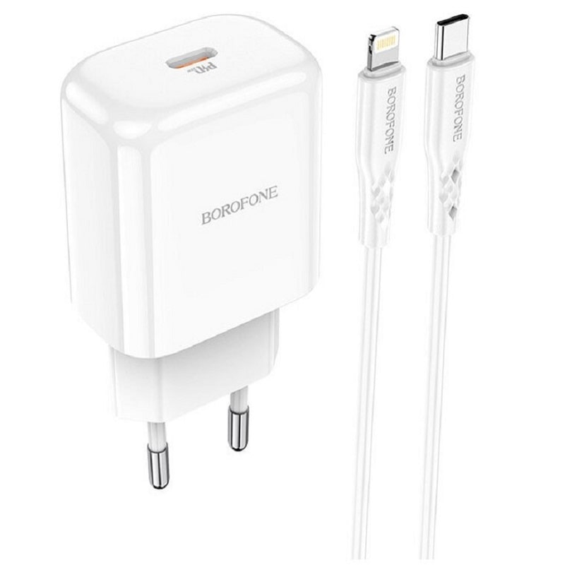 фото Сетевое зарядное устройство + кабель для iphone Lightning to Type-C Borofone BN3 PD 20W белый