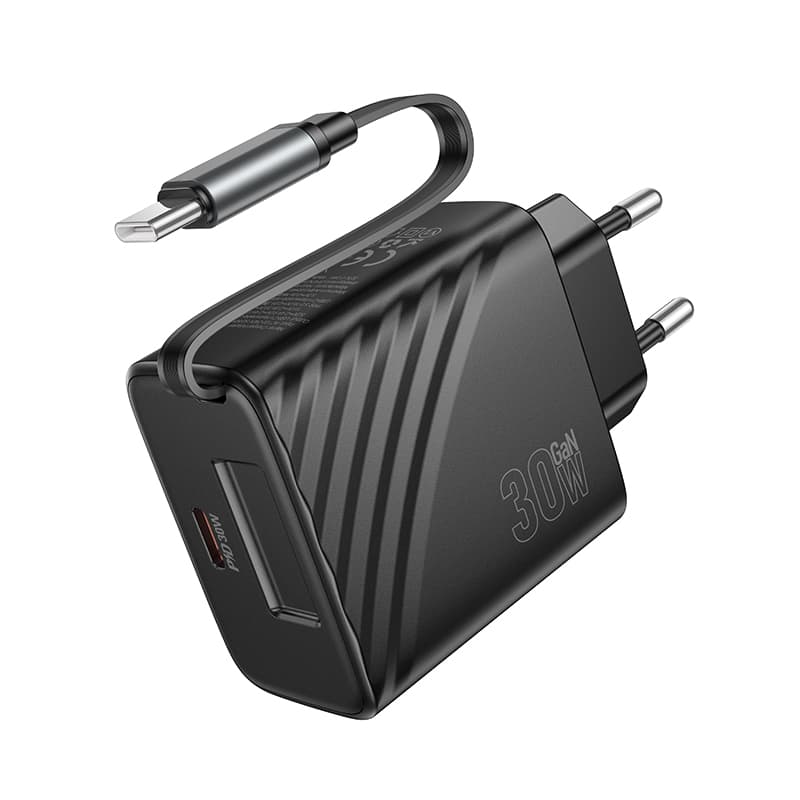фото Сетевое зарядное устройство + выдвижной кабель Type-C HOCO N58 PD 30W черный