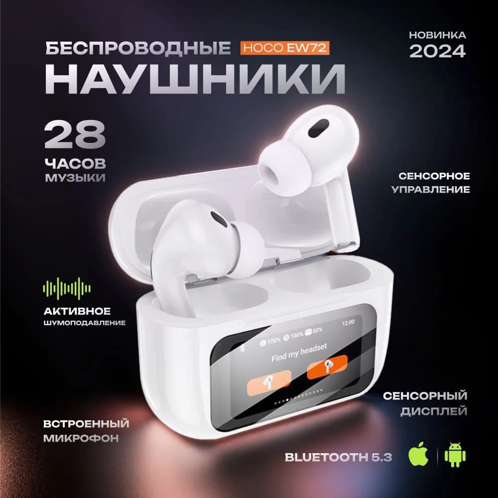Изображение Наушники беспроводные Hoco EW72 Soar с сенсорным экраном белые фото Наушники беспроводные Hoco EW72 Soar с сенсорным экраном белые