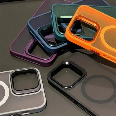 Чехол накладка для iphone 13 (6.1) Bracket силикон+пластик с магнитом для magsafe+защитные линзы прозрачно-фиолетовая с подставкой держателем
