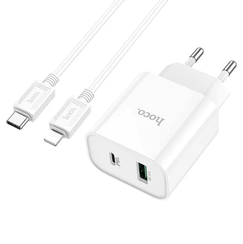 фото Сетевое зарядное устройство + кабель для iphone Lightning to Type-C HOCO C80A Plus PD 20W+QC3.0 3A белый