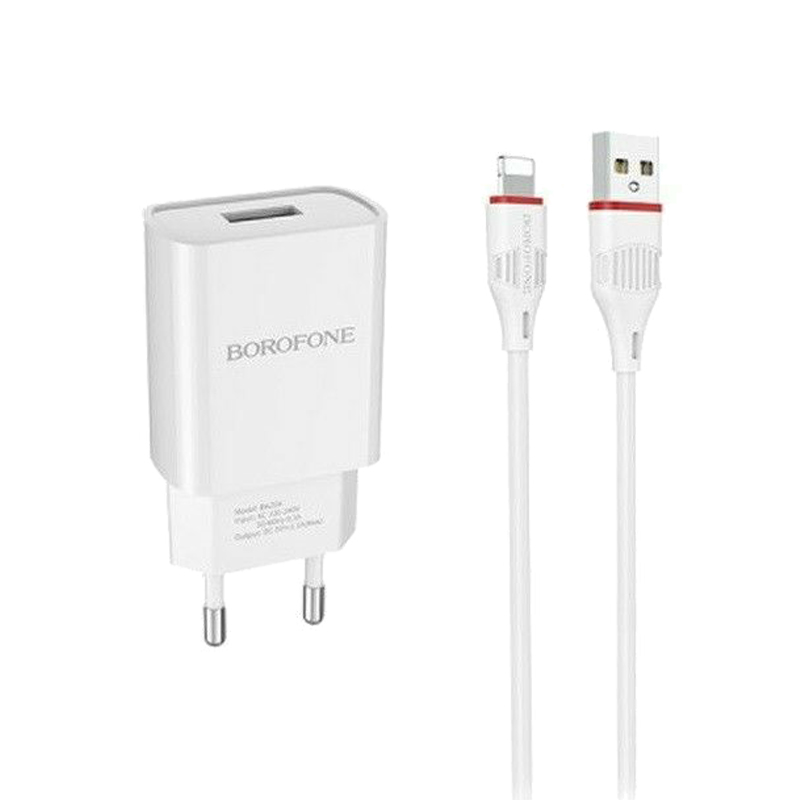 фото Сетевое зарядное устройство + кабель для iphone Lightning Borofone BA20A 1USB 2.1A белый