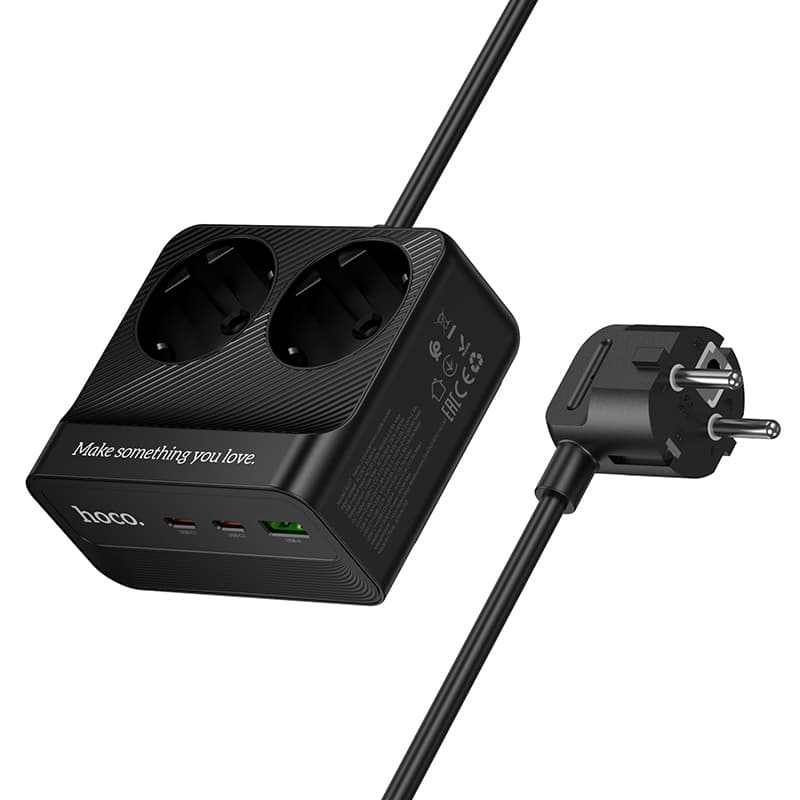 Сетевой фильтр HOCO AC27 2 гнезда + 2 Type-C USB-C PD30W + USB QC3.0 2м 2500W черный