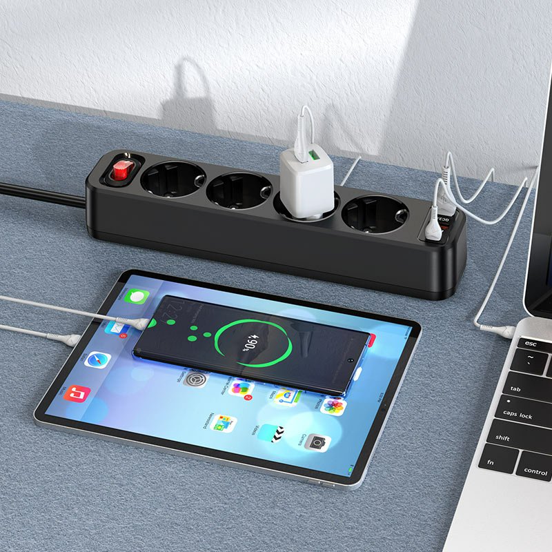 Сетевой фильтр HOCO NS1 4 гнезда + 2USB QC3.0 + PD 20W Type-C USB-C 1.8м черный Сетевой фильтр HOCO NS1 4 гнезда + 2USB QC3.0 + PD 20W Type-C USB-C 1.8м черный