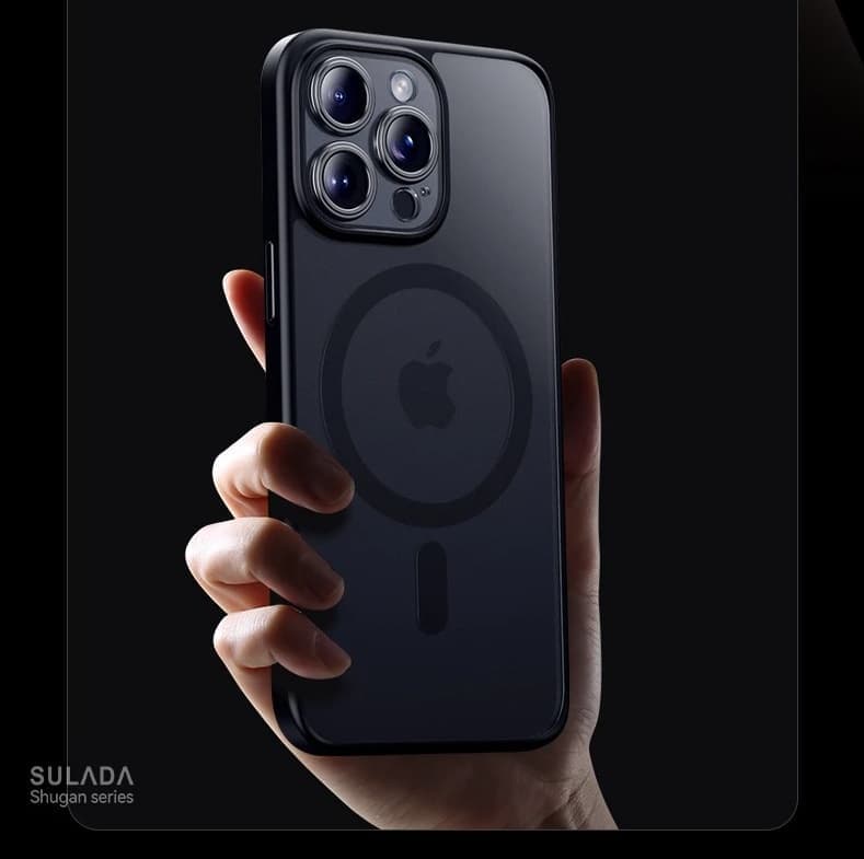 фото Чехол накладка для iphone 16 Pro Max (6.9) SULADA Shugan силикон+пластик притемненный матовый, титановый черный бампер с магнитом для magsafe