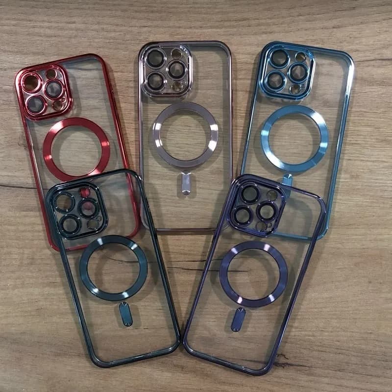 фото Чехол накладка для iphone 15 Pro Max (6.7) силикон с магнитом для magsafe и защитой камеры прозрачная с черным бампером