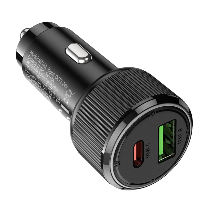 Изображение Автомобильное зарядное устройство HOCO NZ14A 38W PD 20W+QC3.0 / Type-C USB-C+USB черное фото Автомобильное зарядное устройство HOCO NZ14A 38W PD 20W+QC3.0 / Type-C USB-C+USB черное