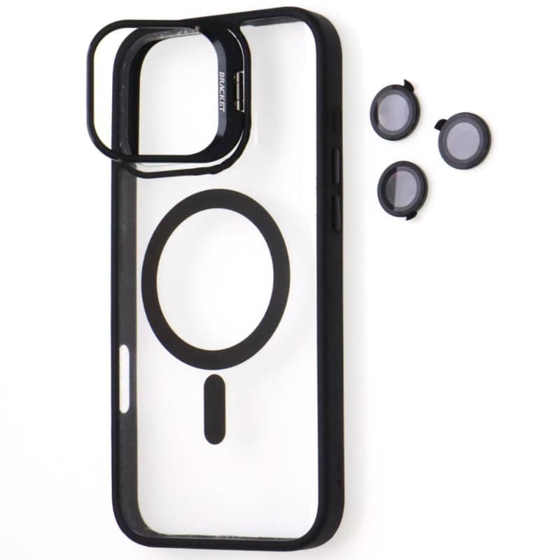 фото Чехол накладка для iphone 15 Pro Max (6.7) Bracket силикон+пластик с магнитом для magsafe+защитные линзы прозрачно-синяя с подставкой держателем