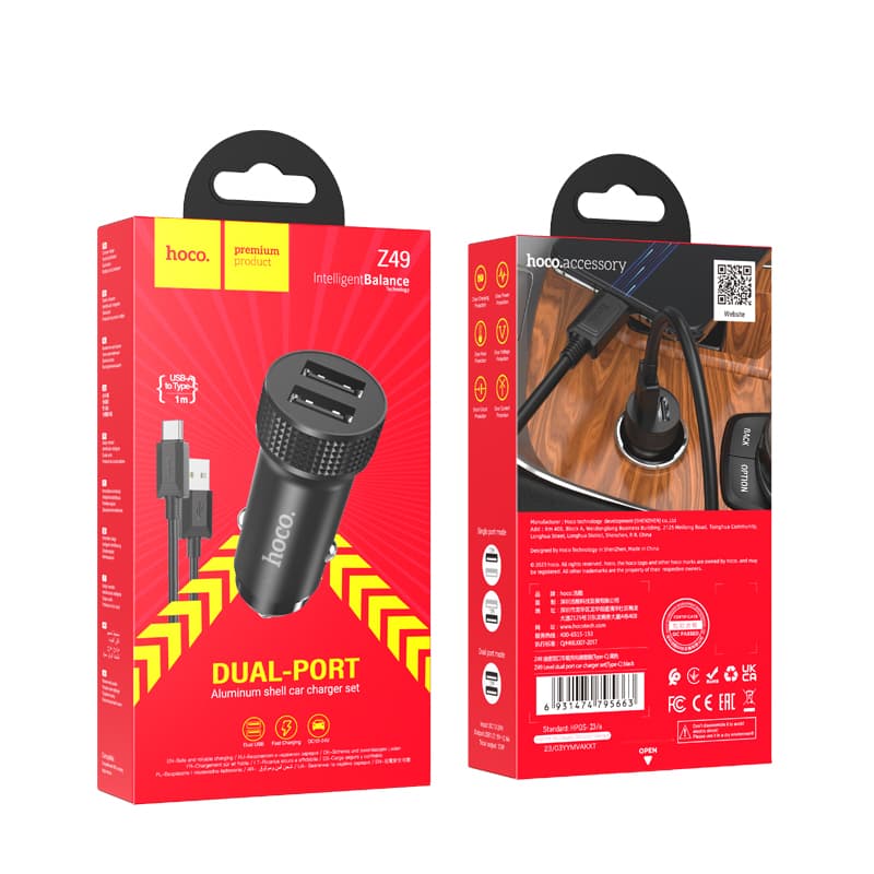 Изображение Автомобильное зарядное устройство + кабель Type-C USB HOCO Z49 2USB 2,4A 12W 1м черный фото Автомобильное зарядное устройство + кабель Type-C USB HOCO Z49 2USB 2,4A 12W 1м черный