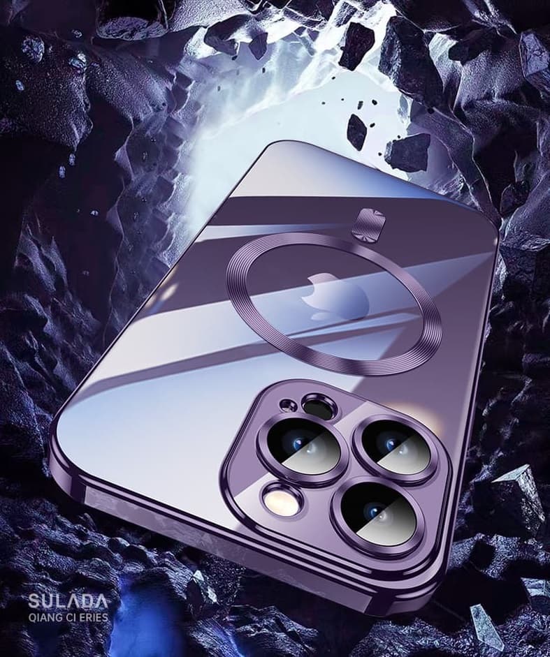 фото Чехол накладка для iphone 16 Pro Max (6.9) SULADA Qiang Ci силикон прозрачная, золотой бампер с магнитом для magsafe, защита линз