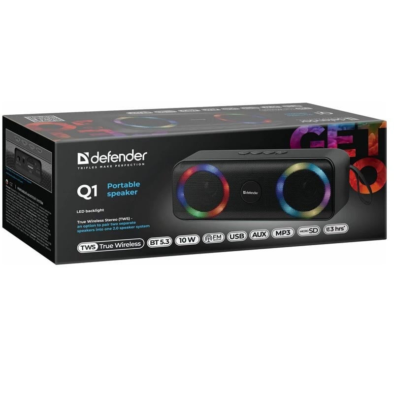 Колонка блютуз DEFENDER Q1 10Вт Light/FM/microSD/USB/AUX с подсветкой 1200mAh