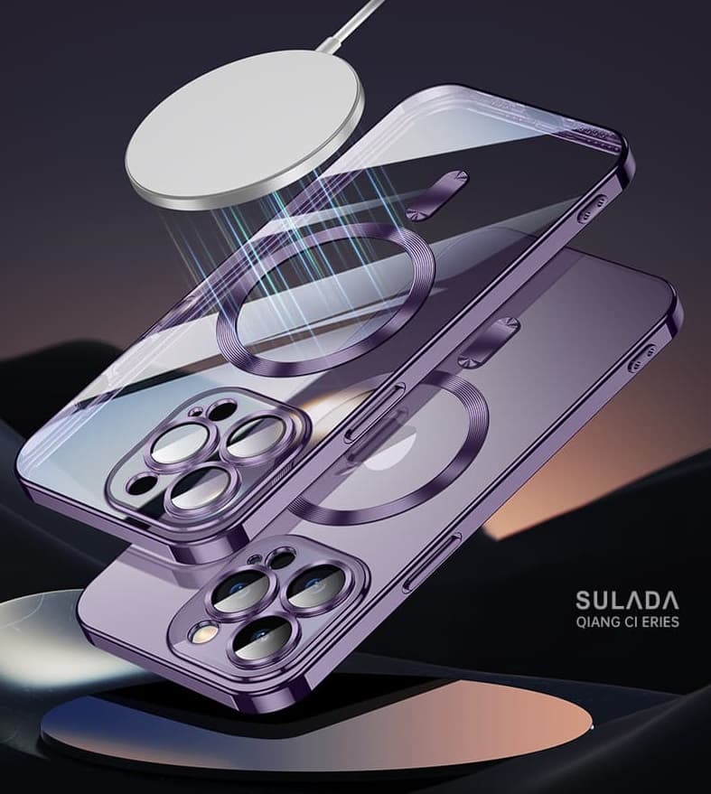 фото Чехол накладка для iphone 16 Pro Max (6.9) SULADA Qiang Ci силикон прозрачная, золотой бампер с магнитом для magsafe, защита линз