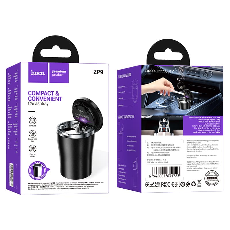 Изображение Пепельница автомобильная Hoco ZP9 Solar с крышкой и LED подсветкой черная сайта akstel.ru фото Пепельница автомобильная Hoco ZP9 Solar с крышкой и LED подсветкой черная