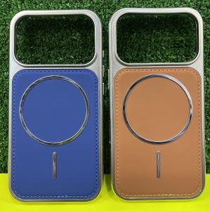 Чехол накладка для iphone 16 Pro (6.3) силикон+пластик с магнитом экокожа темно-синяя бампер металлик