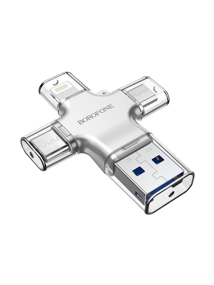 Картридер для iP Lightning/Type-C/Micro USB/USB 2.0 Borofone DHB01 4 in 1 серебро Картридер для iP Lightning/Type-C/Micro USB/USB 2.0 Borofone DHB01 4 in 1 серебро