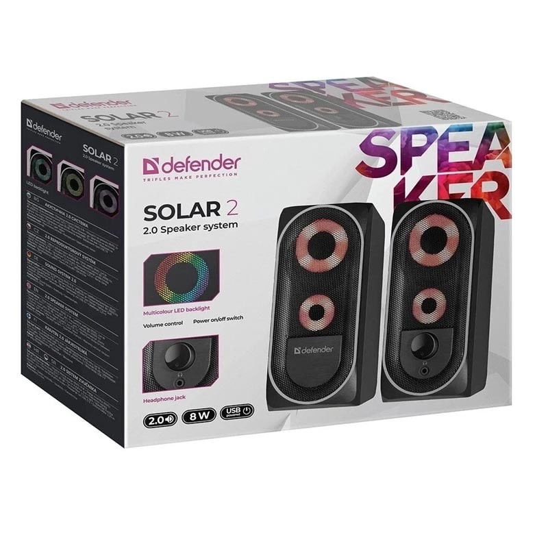 Акустическая система 2,0 DEFENDER Solar 2, 8 Вт, питание от USB, черная с подсветкой Акустическая система 2,0 DEFENDER Solar 2, 8 Вт, питание от USB, черная с подсветкой