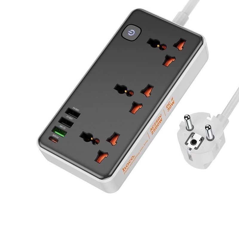 Сетевой фильтр HOCO AC8A 3 гнезда + PD 30W + 3USB 1.5м 2500W черный Сетевой фильтр HOCO AC8A 3 гнезда + PD 30W + 3USB 1.5м 2500W черный