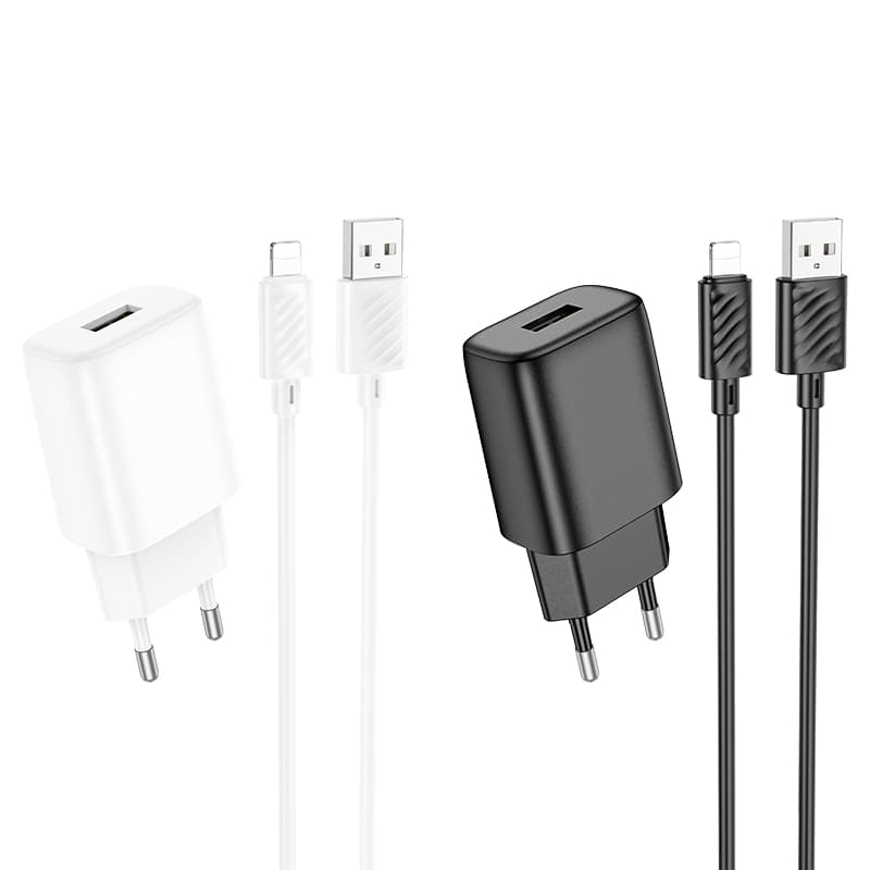 Изображение Сетевое зарядное устройство + кабель для iphone Lightning HOCO C134A 1USB 12W 2.4A 1м белый фото Сетевое зарядное устройство + кабель для iphone Lightning HOCO C134A 1USB 12W 2.4A 1м белый