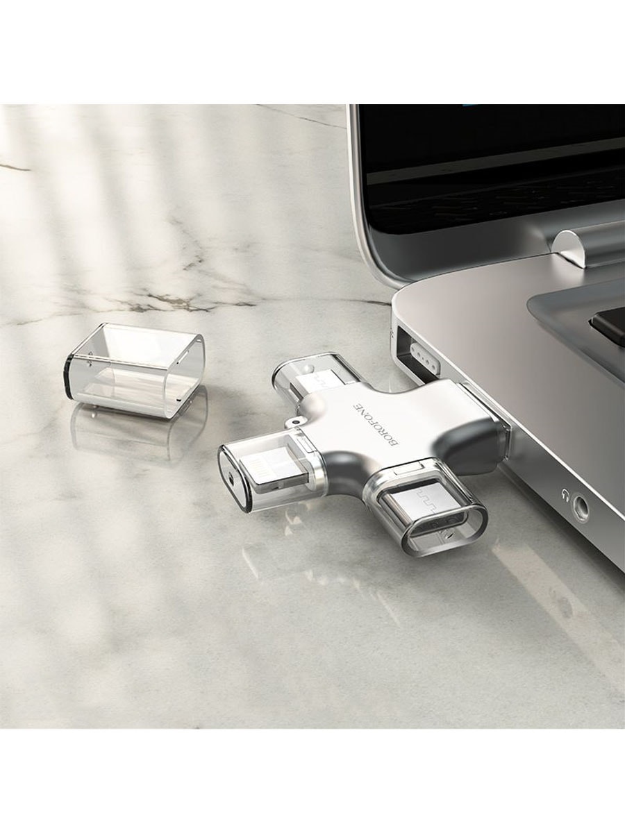 Картридер для iP Lightning/Type-C/Micro USB/USB 2.0 Borofone DHB01 4 in 1 серебро Картридер для iP Lightning/Type-C/Micro USB/USB 2.0 Borofone DHB01 4 in 1 серебро