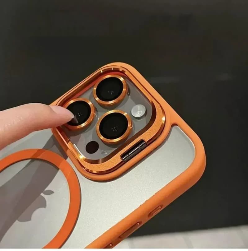 фото Чехол накладка для iphone 15 Pro Max (6.7) Bracket силикон+пластик с магнитом для magsafe+защитные линзы прозрачно-синяя с подставкой держателем