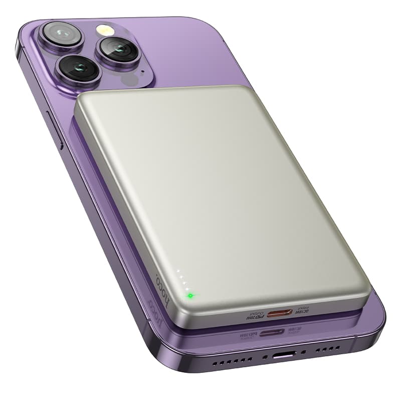фото Внешний аккумулятор повербанк Power bank HOCO Q26 5000mAh PD 20W QC3.0 с беспроводной зарядкой и магнитом для magsafe серый металл