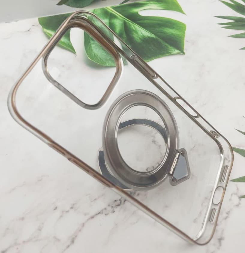 фото Чехол накладка для iphone 16 Pro Max (6.9) SULADA Ring силикон+пластик прозрачный с золотым бампером с магнитом для magsafe и кольцом держателем