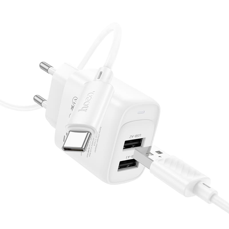Изображение Сетевое зарядное устройство + кабель Type-C HOCO C141A 2USB 2.1A 1м белый фото Сетевое зарядное устройство + кабель Type-C HOCO C141A 2USB 2.1A 1м белый