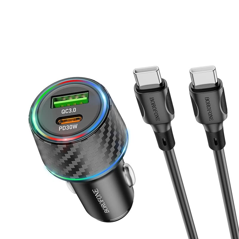 Изображение Автомобильное зарядное устройство + кабель Type-C to Type-C Borofone BZ21 48W PD 30W+QC3.0 1м черное фото Автомобильное зарядное устройство + кабель Type-C to Type-C Borofone BZ21 48W PD 30W+QC3.0 1м черное