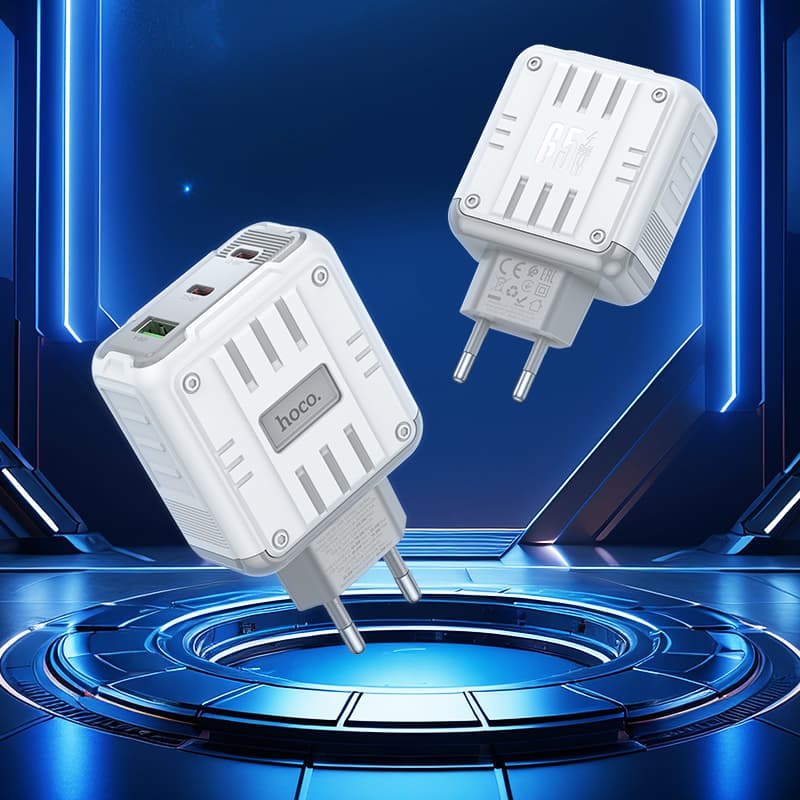 фото Сетевое зарядное устройство Адаптер Блок питания HOCO C139A Rock 2PD 65W+QC3.0 18W / 2 Type-C USB-C+USB 3A белое