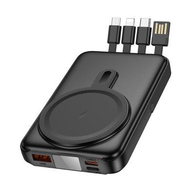 Внешний аккумулятор повербанк Power bank HOCO J135 10000mAh 22.5W + PD 20W + QC3.0 с 4 встроенными кабелями и беспроводной зарядкой черный