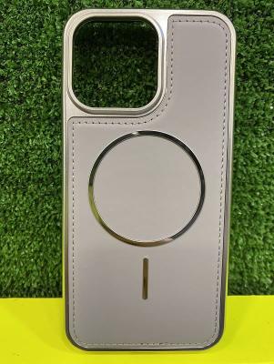 Чехол накладка для iphone 16 Pro (6.3) силикон+пластик с магнитом для magsafe экокожа серая бампер металлик