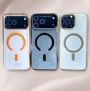 Чехол накладка для iphone 17 Pro (6.3) силикон+пластик с магнитом для magsafe прозрачный с оранжевым бампером