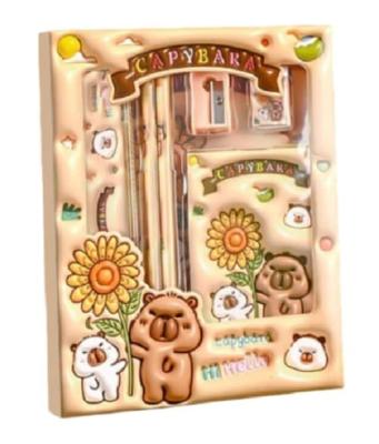 Канцелярский набор капибара 6 предметов (мини блокнот, 2 карандаша, ластик, точилка, линейка)
