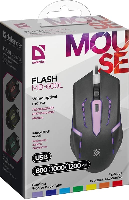 Мышь проводная DEFENDER Flash MB-600L 7 цветов 4 кнопки 800-1200 dpi 1.8м