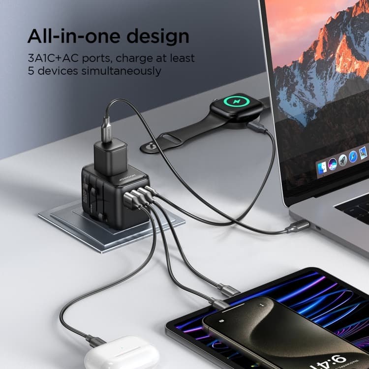 фото Универсальное зарядное устройство адаптер Joyroom JR-TCW01 17W EU/US/JP/AU/UK Type-C USB-C+3USB 10A черный