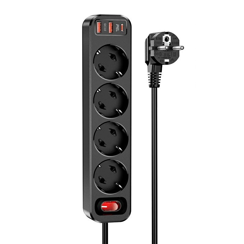 Сетевой фильтр HOCO NS1 4 гнезда + 2USB QC3.0 + PD 20W Type-C USB-C 1.8м черный Сетевой фильтр HOCO NS1 4 гнезда + 2USB QC3.0 + PD 20W Type-C USB-C 1.8м черный