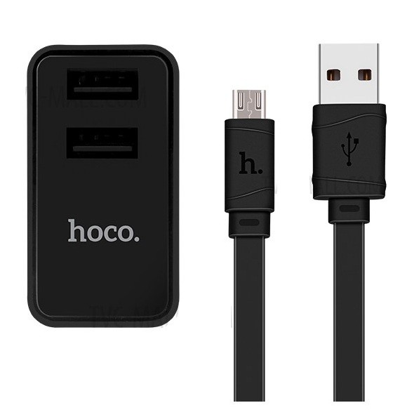 фото Сетевое зарядное устройство + кабель Micro USB HOCO C6 2USB 2,1A EURO плоский черный