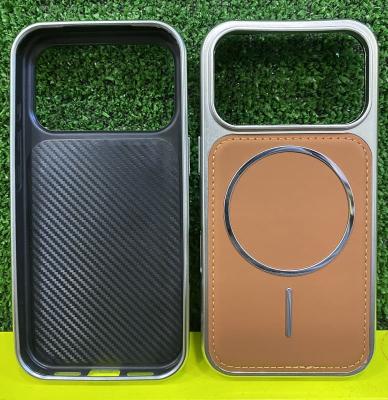 Чехол накладка для iphone 15 Pro Max (6.7) силикон+пластик с магнитом для magsafe экокожа коричневая бампер металлик