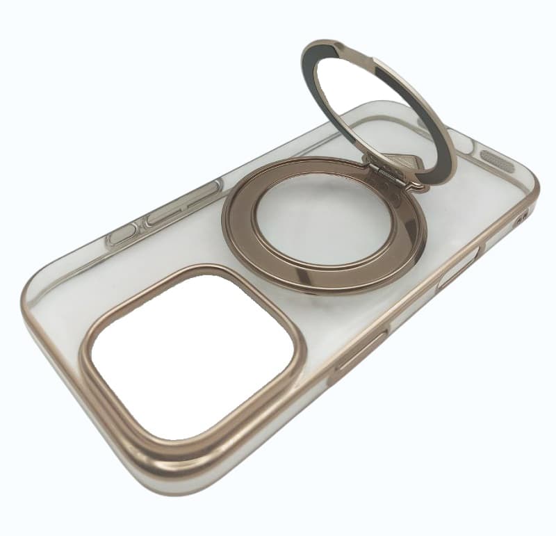 фото Чехол накладка для iphone 16 Pro Max (6.9) SULADA Ring силикон+пластик прозрачный с золотым бампером с магнитом для magsafe и кольцом держателем