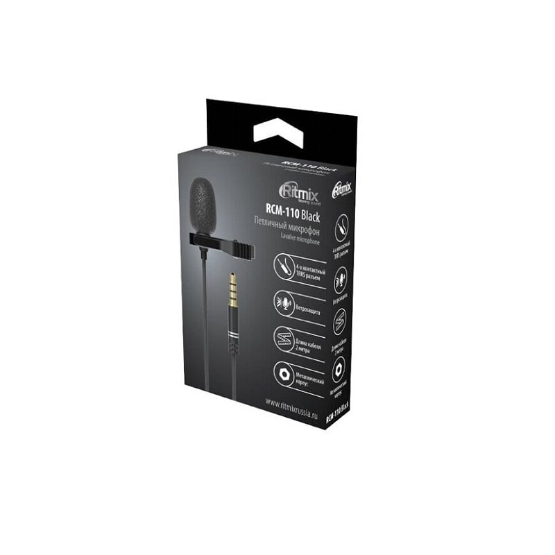 Микрофон петличный jack 3,5mm Ritmix RCM-110 2m черный Микрофон петличный jack 3,5mm Ritmix RCM-110 2m черный
