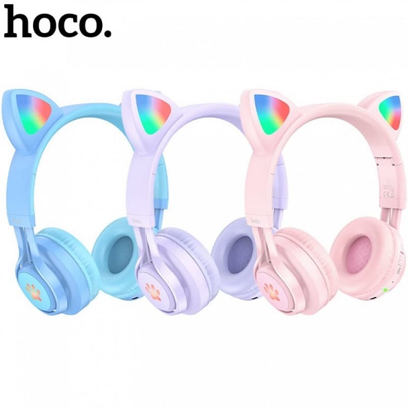 Изображение Наушники беспроводные накладные HOCO W39 Cat ear kids с ушками фиолетовые фото Наушники беспроводные накладные HOCO W39 Cat ear kids с ушками фиолетовые